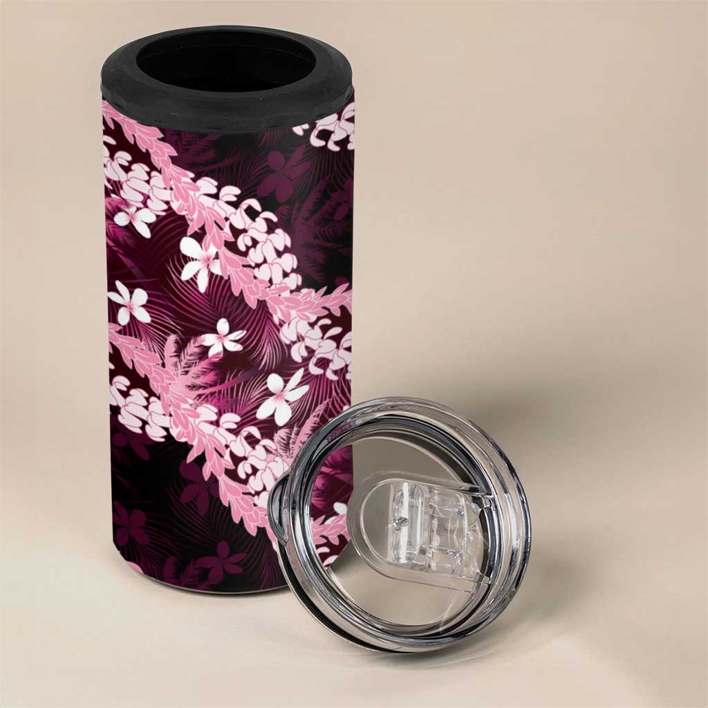 Puakenikeni Maile Lei 4 in 1 Can Cooler Tumbler Frangipani Pink Tropical Leaves