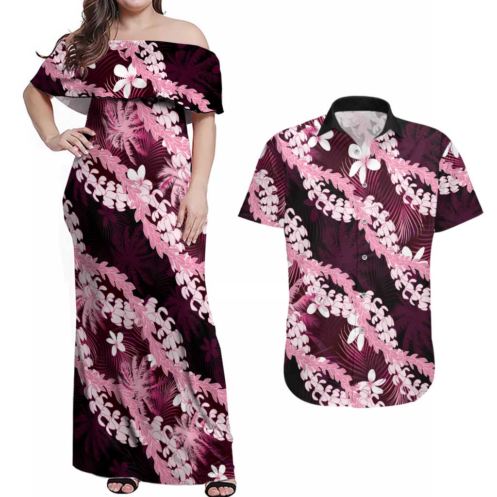Puakenikeni Maile Lei Couples Matching Off Shoulder Maxi Dress and Hawaiian Shirt Frangipani Pink Tropical Leaves