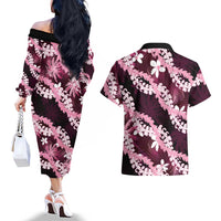 Puakenikeni Maile Lei Couples Matching Off The Shoulder Long Sleeve Dress and Hawaiian Shirt Frangipani Pink Tropical Leaves