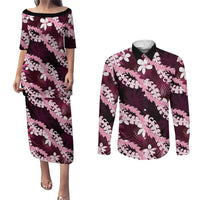 Puakenikeni Maile Lei Couples Matching Puletasi and Long Sleeve Button Shirt Frangipani Pink Tropical Leaves