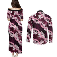 Puakenikeni Maile Lei Couples Matching Puletasi and Long Sleeve Button Shirt Frangipani Pink Tropical Leaves