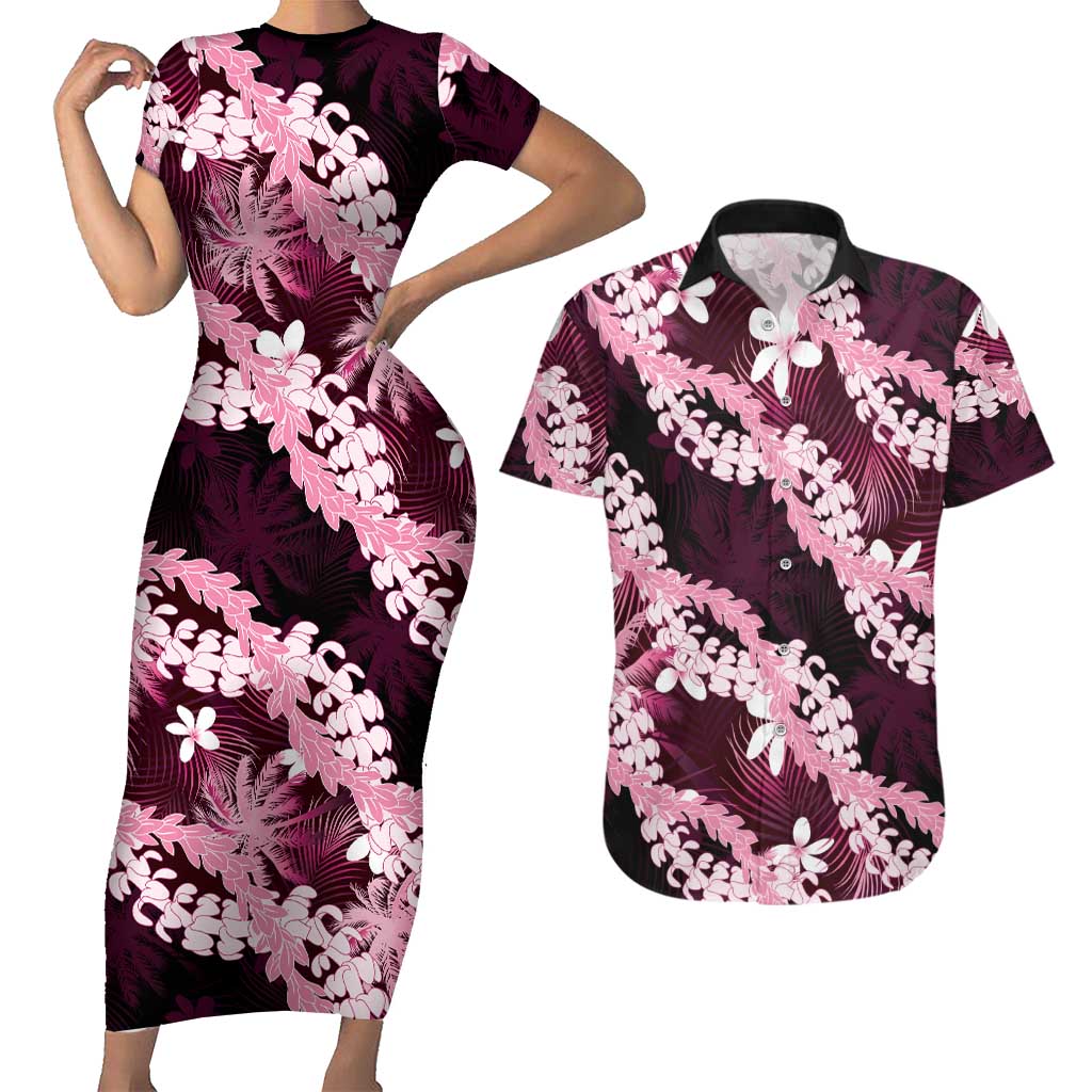 Puakenikeni Maile Lei Couples Matching Short Sleeve Bodycon Dress and Hawaiian Shirt Frangipani Pink Tropical Leaves LT01 Pink - Polynesian Pride