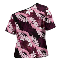 Puakenikeni Maile Lei Cross Shoulder Shirt Frangipani Pink Tropical Leaves LT01 - Polynesian Pride