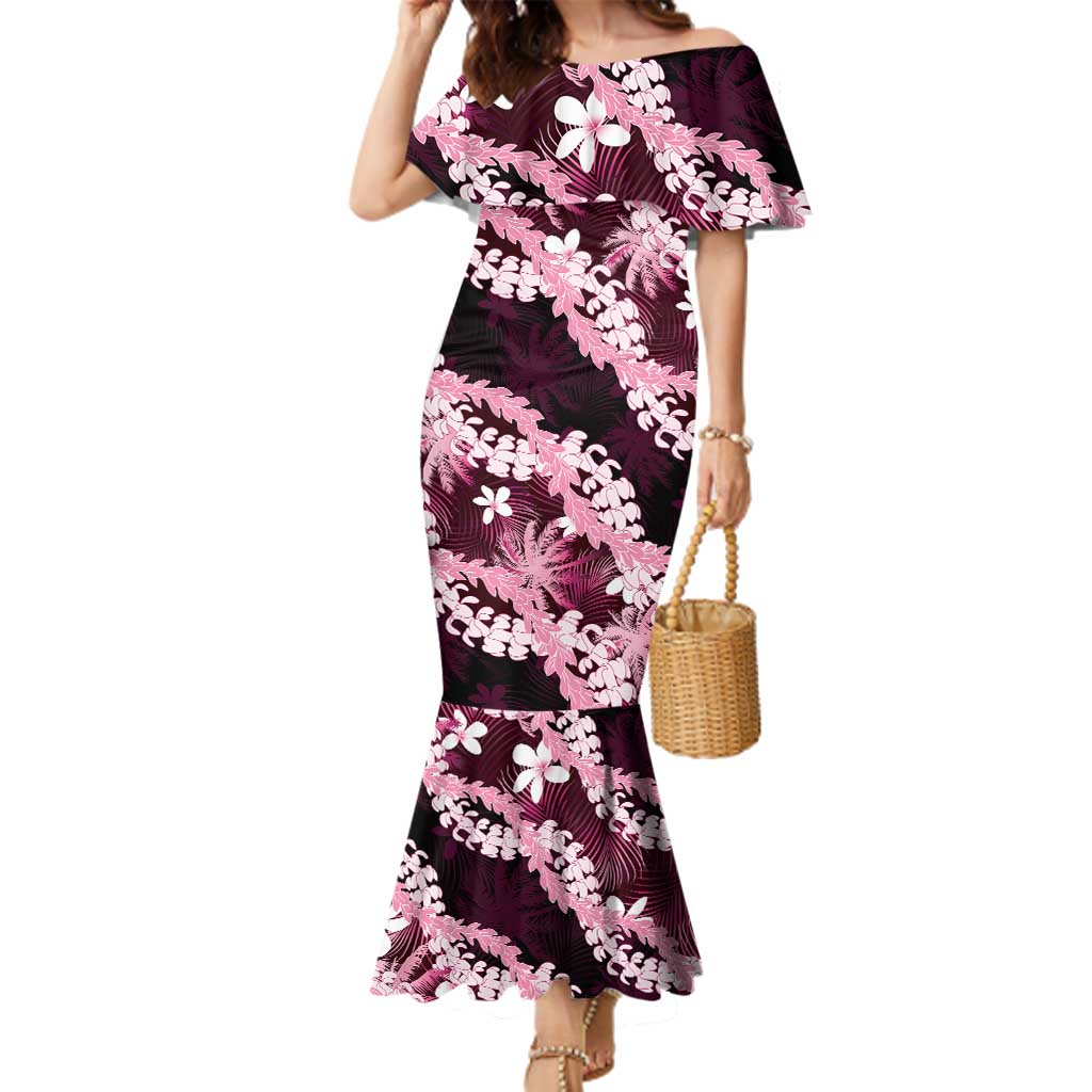 Puakenikeni Maile Lei Family Matching Mermaid Dress and Hawaiian Shirt Frangipani Pink Tropical Leaves