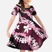 Puakenikeni Maile Lei Family Matching Off The Shoulder Long Sleeve Dress and Hawaiian Shirt Frangipani Pink Tropical Leaves