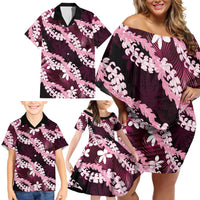 Puakenikeni Maile Lei Family Matching Off Shoulder Short Dress and Hawaiian Shirt Frangipani Pink Tropical Leaves