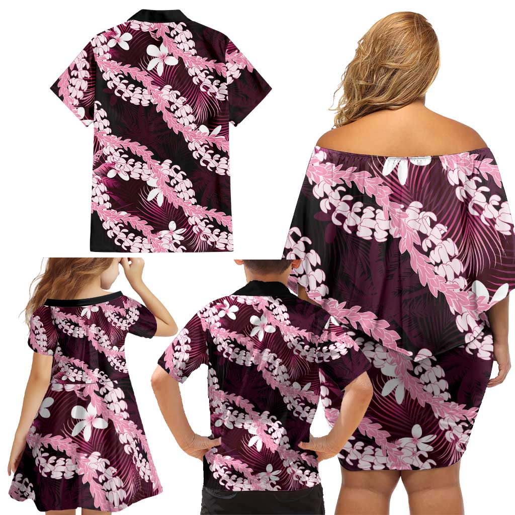 Puakenikeni Maile Lei Family Matching Off Shoulder Short Dress and Hawaiian Shirt Frangipani Pink Tropical Leaves