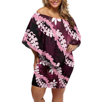 Puakenikeni Maile Lei Family Matching Off Shoulder Short Dress and Hawaiian Shirt Frangipani Pink Tropical Leaves