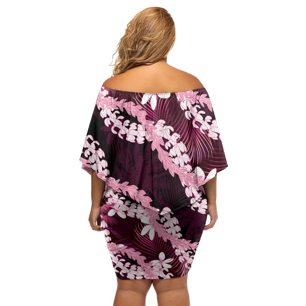 Puakenikeni Maile Lei Family Matching Off Shoulder Short Dress and Hawaiian Shirt Frangipani Pink Tropical Leaves