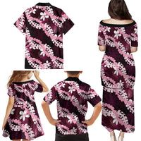 Puakenikeni Maile Lei Family Matching Puletasi and Hawaiian Shirt Frangipani Pink Tropical Leaves