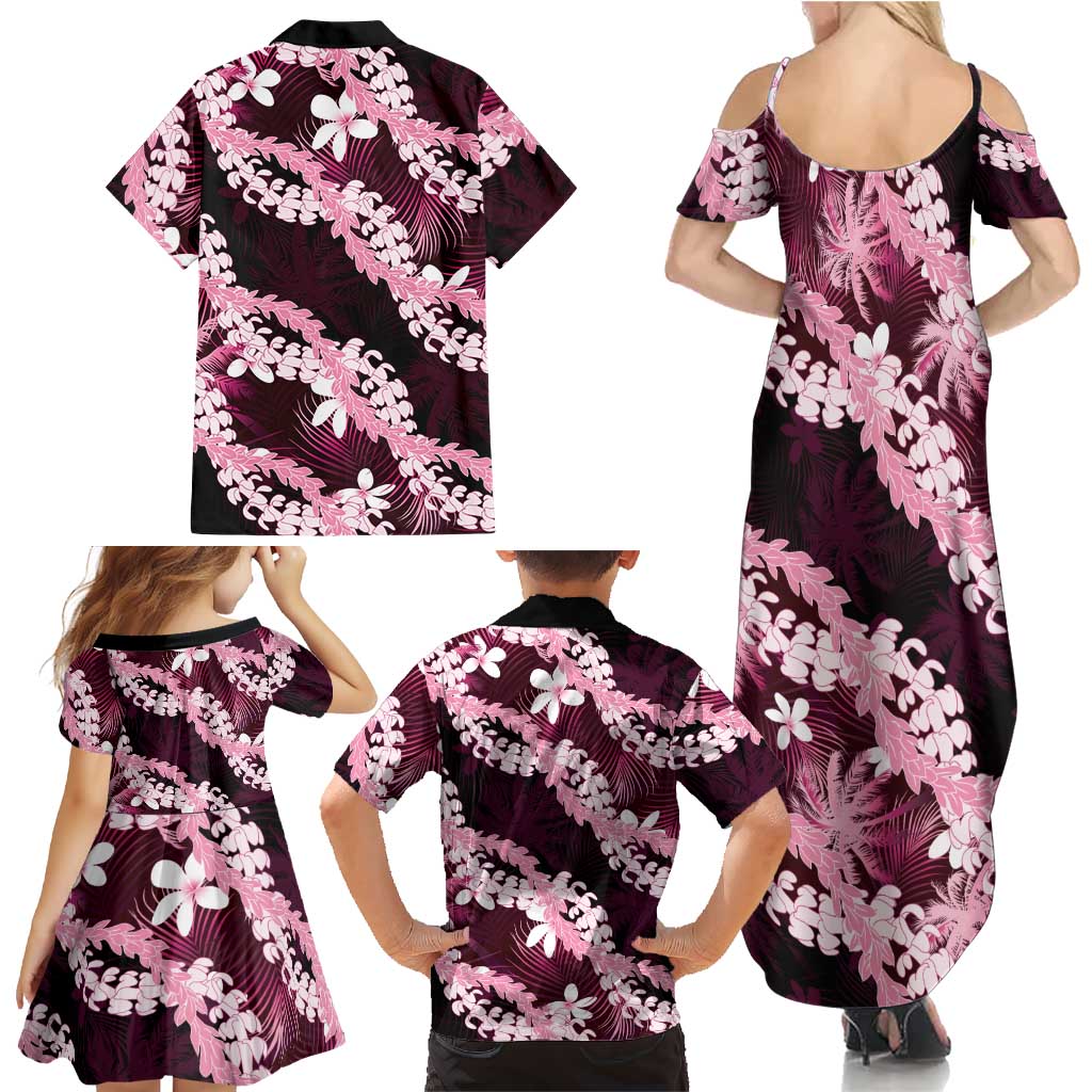 Puakenikeni Maile Lei Family Matching Summer Maxi Dress and Hawaiian Shirt Frangipani Pink Tropical Leaves