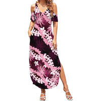 Puakenikeni Maile Lei Family Matching Summer Maxi Dress and Hawaiian Shirt Frangipani Pink Tropical Leaves