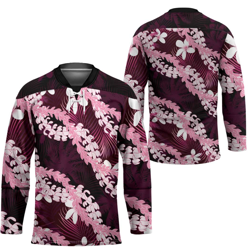 Puakenikeni Maile Lei Hockey Jersey Frangipani Pink Tropical Leaves LT01 - Polynesian Pride