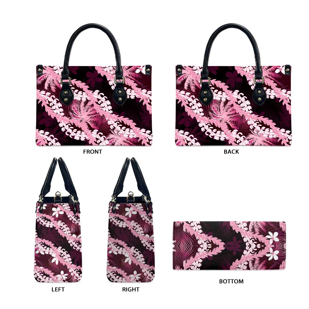 Puakenikeni Maile Lei Leather Bag Frangipani Pink Tropical Leaves LT01 - Polynesian Pride