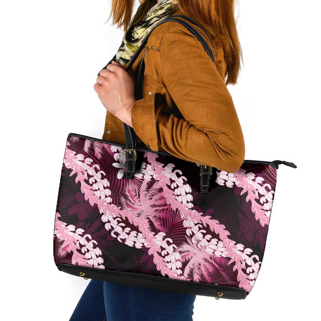 Puakenikeni Maile Lei Leather Tote Bag Frangipani Pink Tropical Leaves LT01 Pink - Polynesian Pride