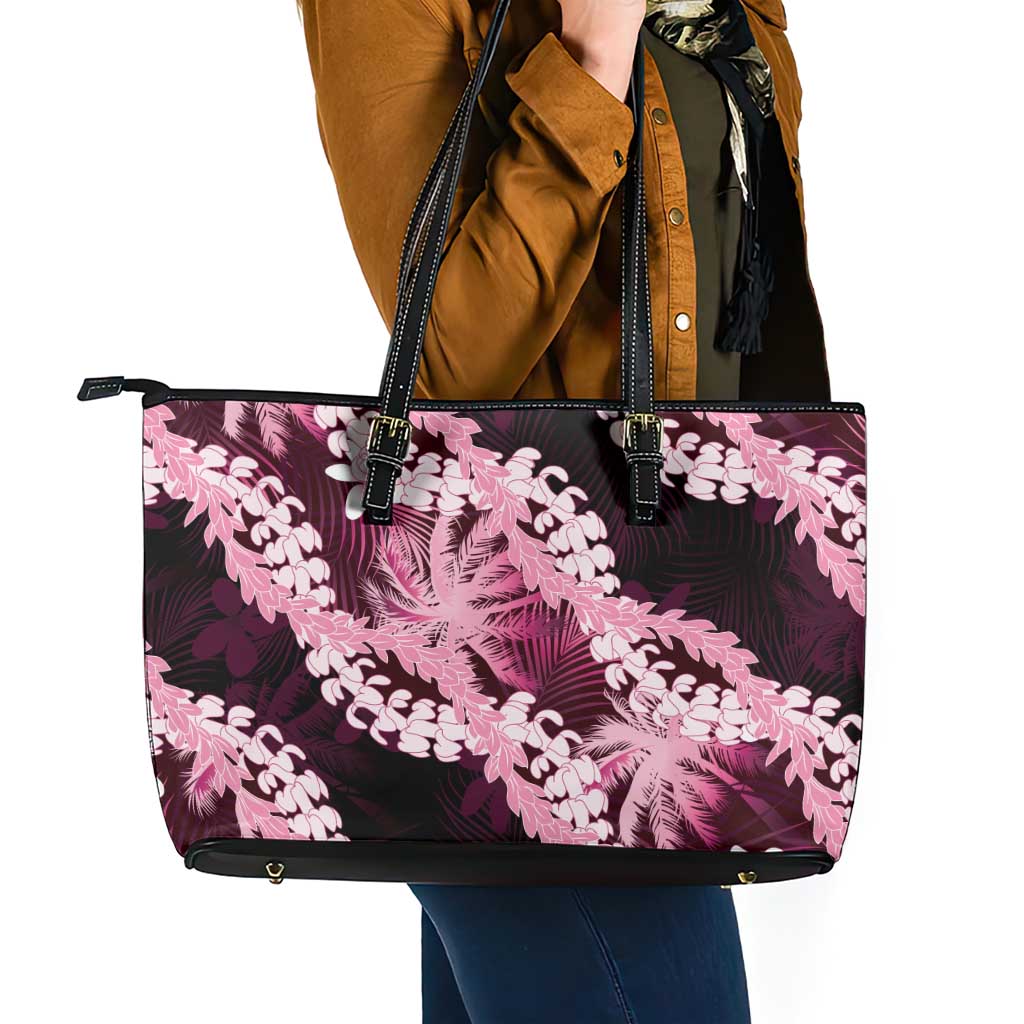 Puakenikeni Maile Lei Leather Tote Bag Frangipani Pink Tropical Leaves LT01 - Polynesian Pride