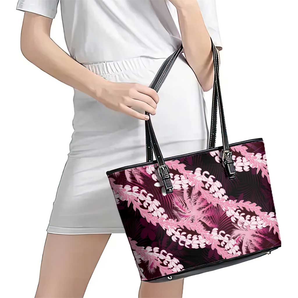 Puakenikeni Maile Lei Leather Tote Bag Frangipani Pink Tropical Leaves LT01 - Polynesian Pride