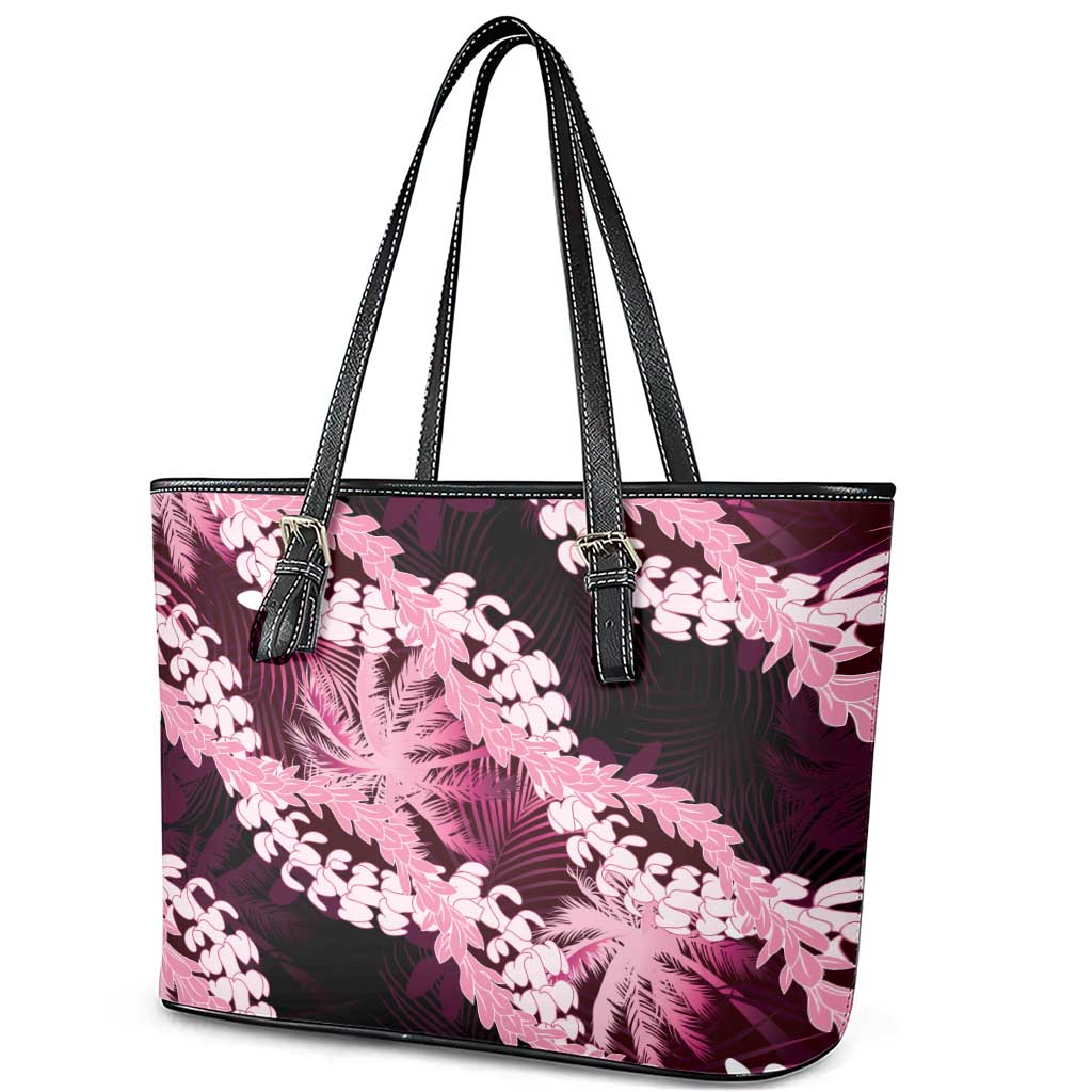 Puakenikeni Maile Lei Leather Tote Bag Frangipani Pink Tropical Leaves LT01 - Polynesian Pride
