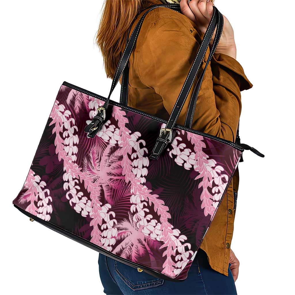 Puakenikeni Maile Lei Leather Tote Bag Frangipani Pink Tropical Leaves LT01 - Polynesian Pride