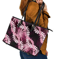 Puakenikeni Maile Lei Leather Tote Bag Frangipani Pink Tropical Leaves LT01 - Polynesian Pride