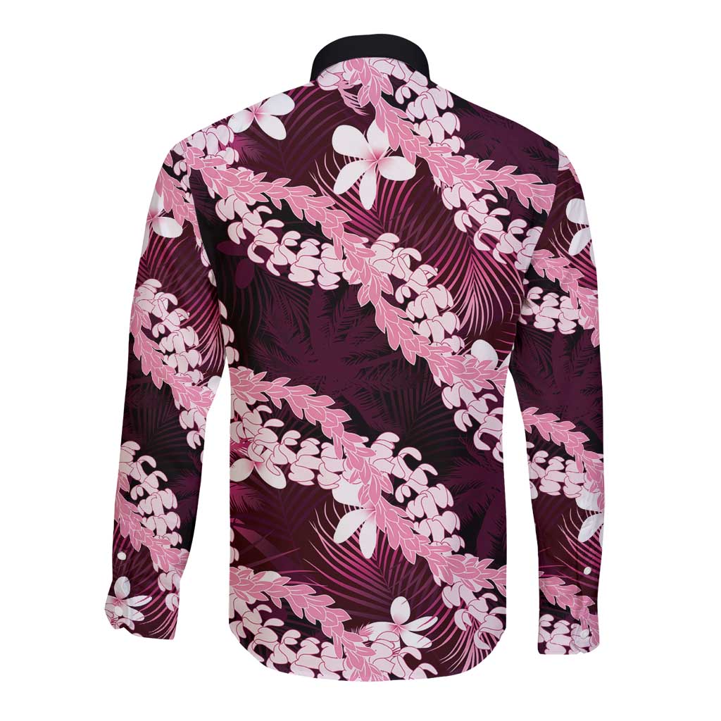 Puakenikeni Maile Lei Long Sleeve Button Shirt Frangipani Pink Tropical Leaves LT01 - Polynesian Pride