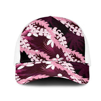Puakenikeni Maile Lei Mesh Trucker Cap Frangipani Pink Tropical Leaves LT01 One Size White Pink - Polynesian Pride