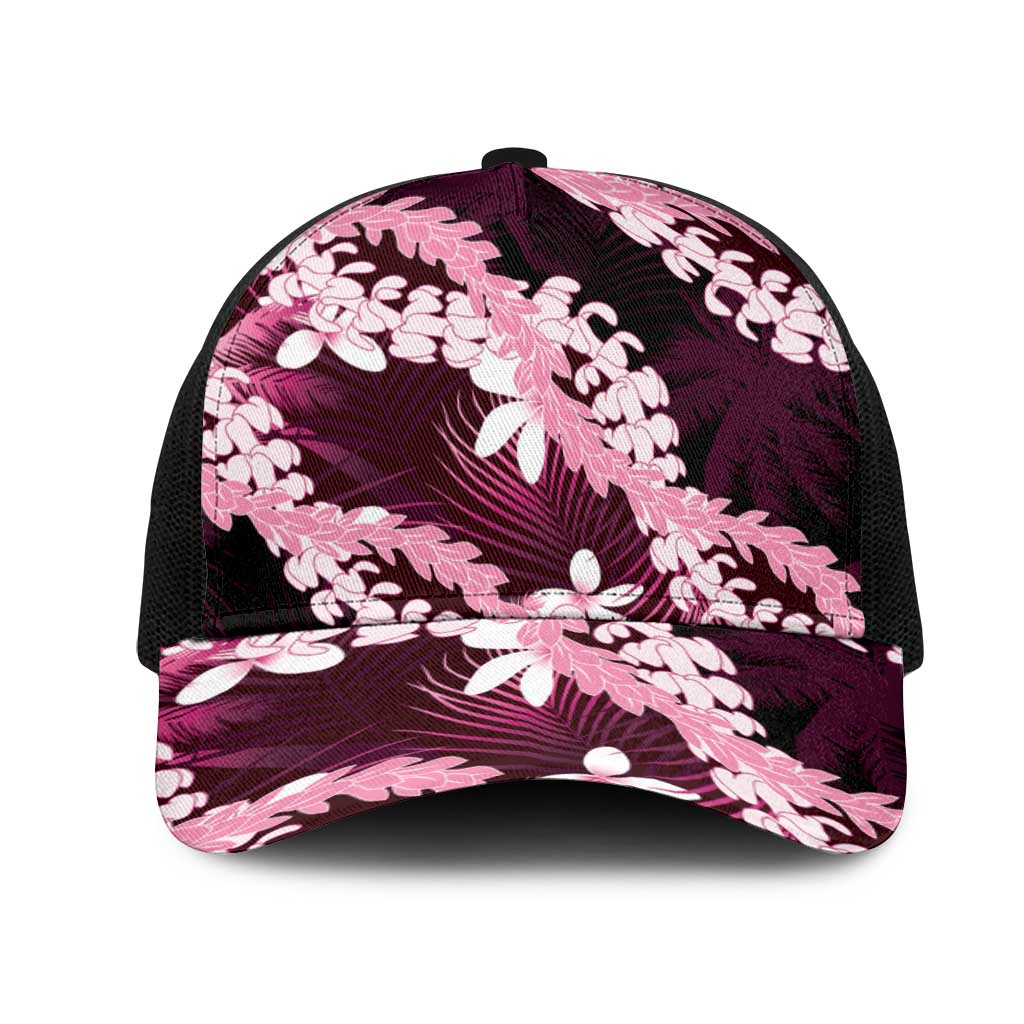 Puakenikeni Maile Lei Mesh Trucker Cap Frangipani Pink Tropical Leaves LT01 One Size Black Pink - Polynesian Pride
