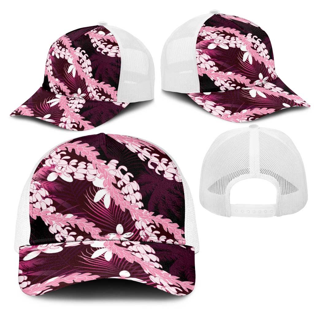 Puakenikeni Maile Lei Mesh Trucker Cap Frangipani Pink Tropical Leaves LT01 - Polynesian Pride