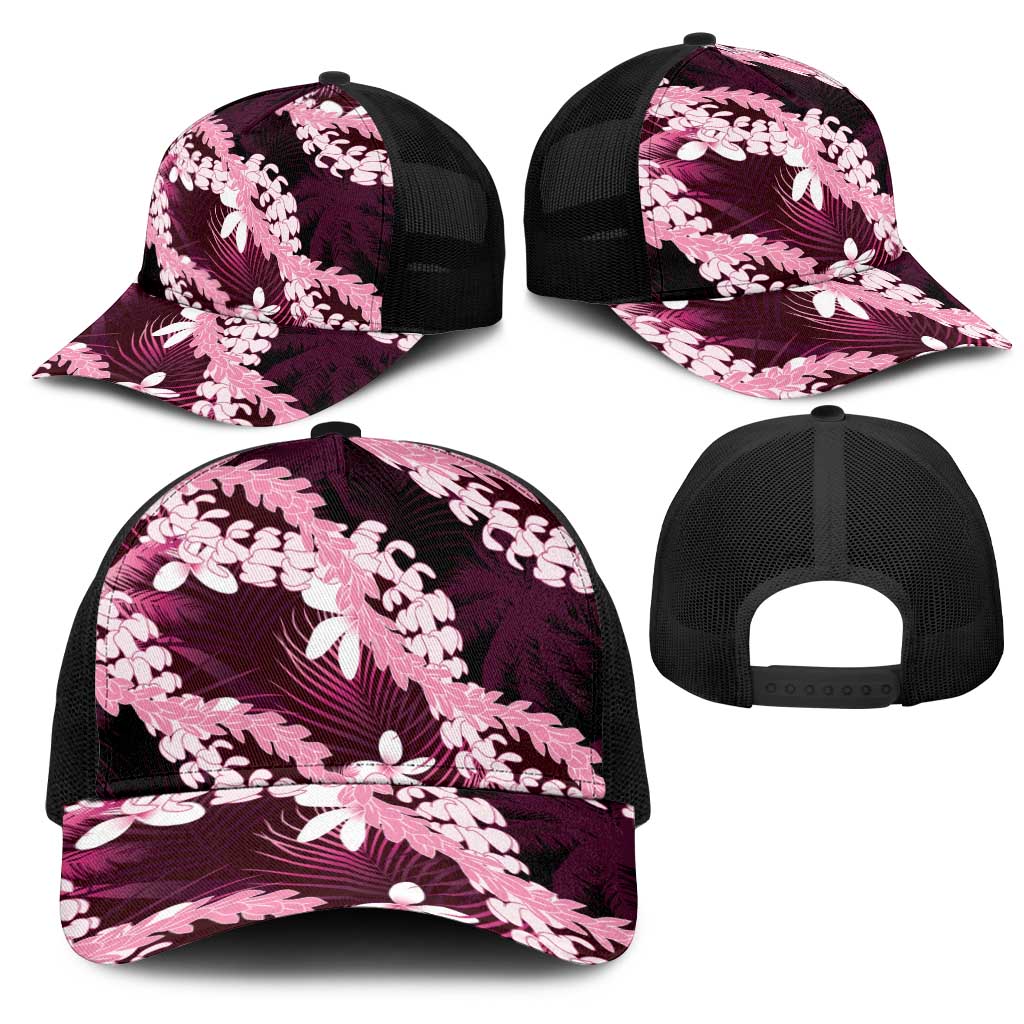 Puakenikeni Maile Lei Mesh Trucker Cap Frangipani Pink Tropical Leaves LT01 - Polynesian Pride