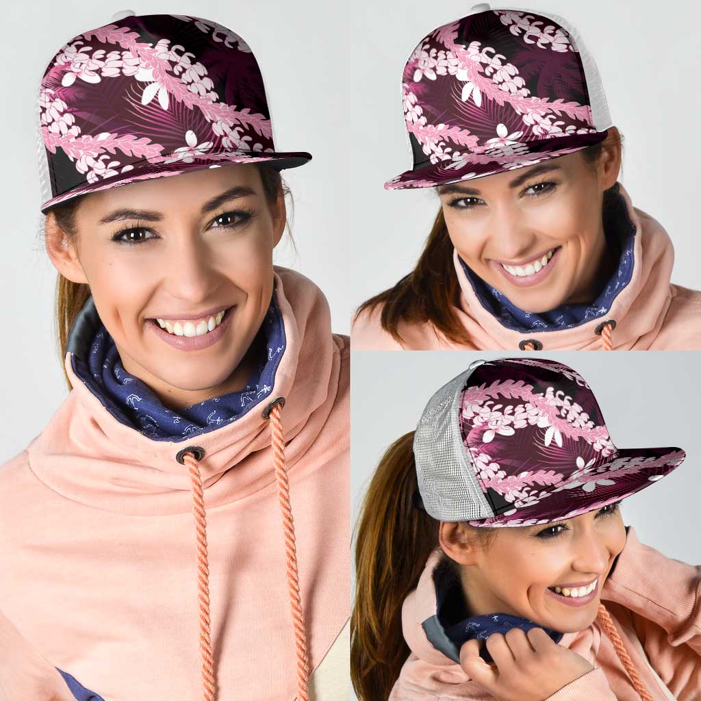 Puakenikeni Maile Lei Mesh Trucker Cap Frangipani Pink Tropical Leaves LT01 - Polynesian Pride