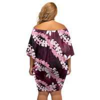 Puakenikeni Maile Lei Off Shoulder Short Dress Frangipani Pink Tropical Leaves LT01 - Polynesian Pride