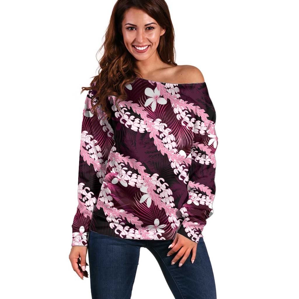 Puakenikeni Maile Lei Off Shoulder Sweater Frangipani Pink Tropical Leaves LT01 Women Pink - Polynesian Pride