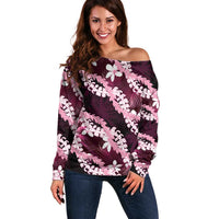 Puakenikeni Maile Lei Off Shoulder Sweater Frangipani Pink Tropical Leaves LT01 Women Pink - Polynesian Pride