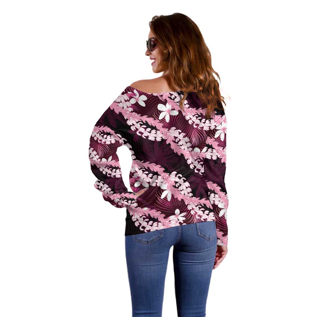 Puakenikeni Maile Lei Off Shoulder Sweater Frangipani Pink Tropical Leaves LT01 - Polynesian Pride