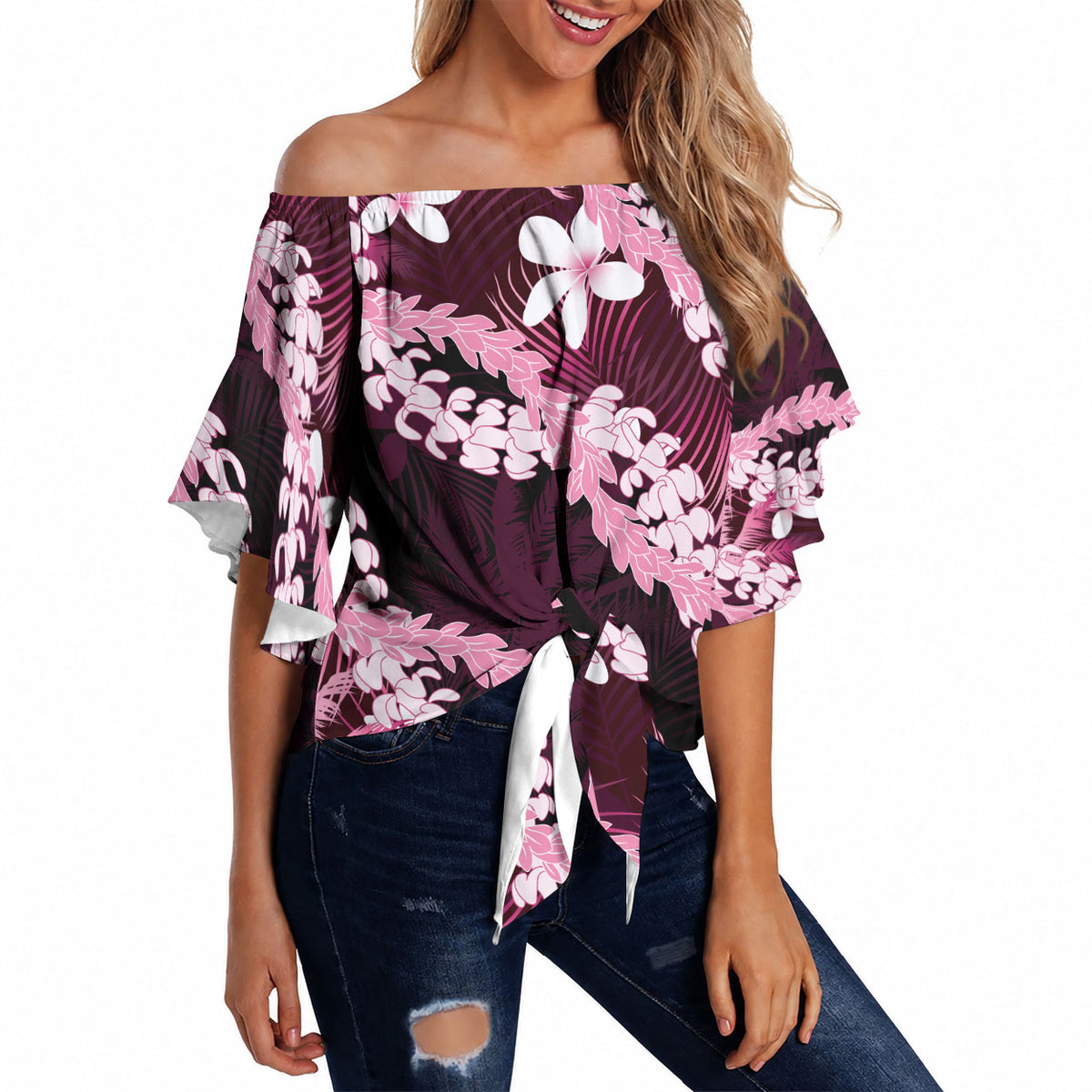 Puakenikeni Maile Lei Off Shoulder Wrap Waist Top Frangipani Pink Tropical Leaves LT01 - Polynesian Pride