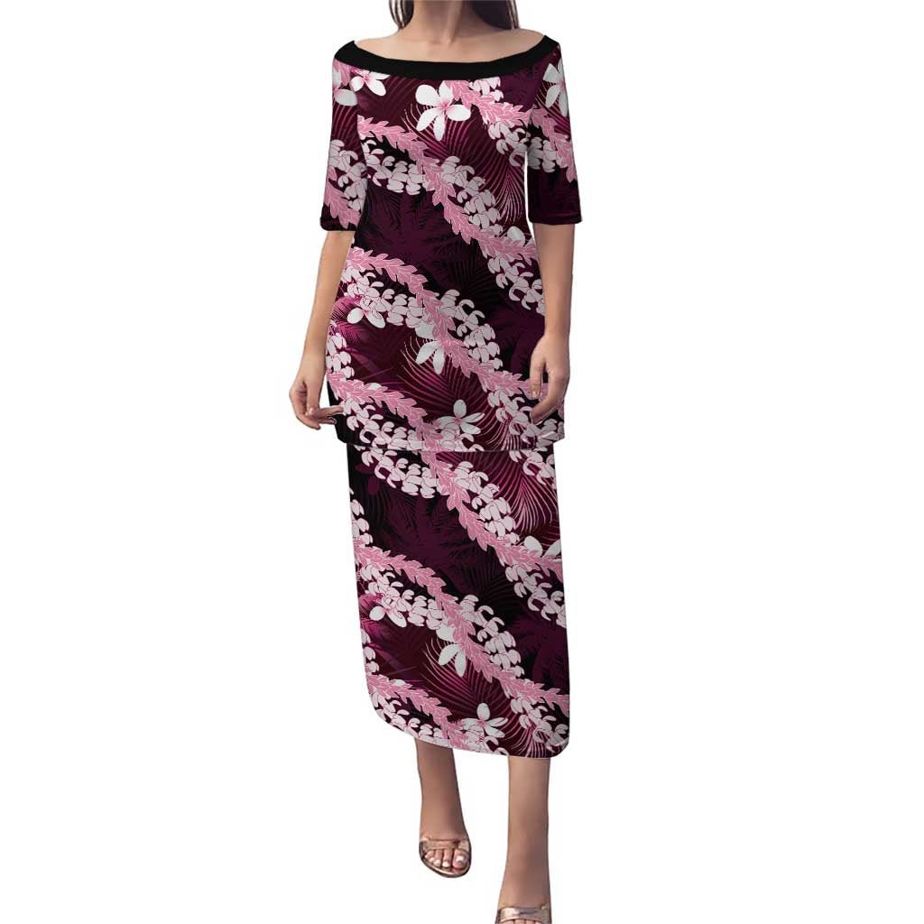 Puakenikeni Maile Lei Puletasi Frangipani Pink Tropical Leaves LT01 Long Dress Pink - Polynesian Pride