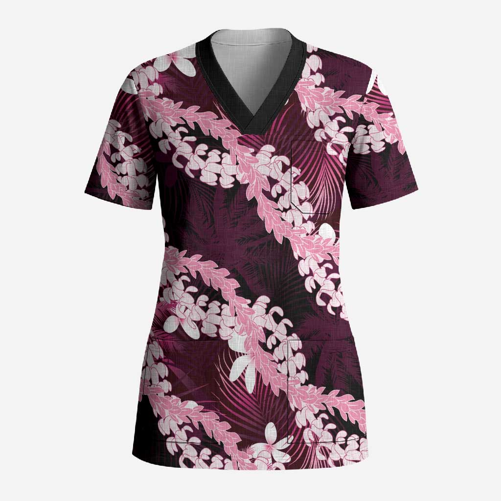 Puakenikeni Maile Lei Scrub Top Frangipani Pink Tropical Leaves