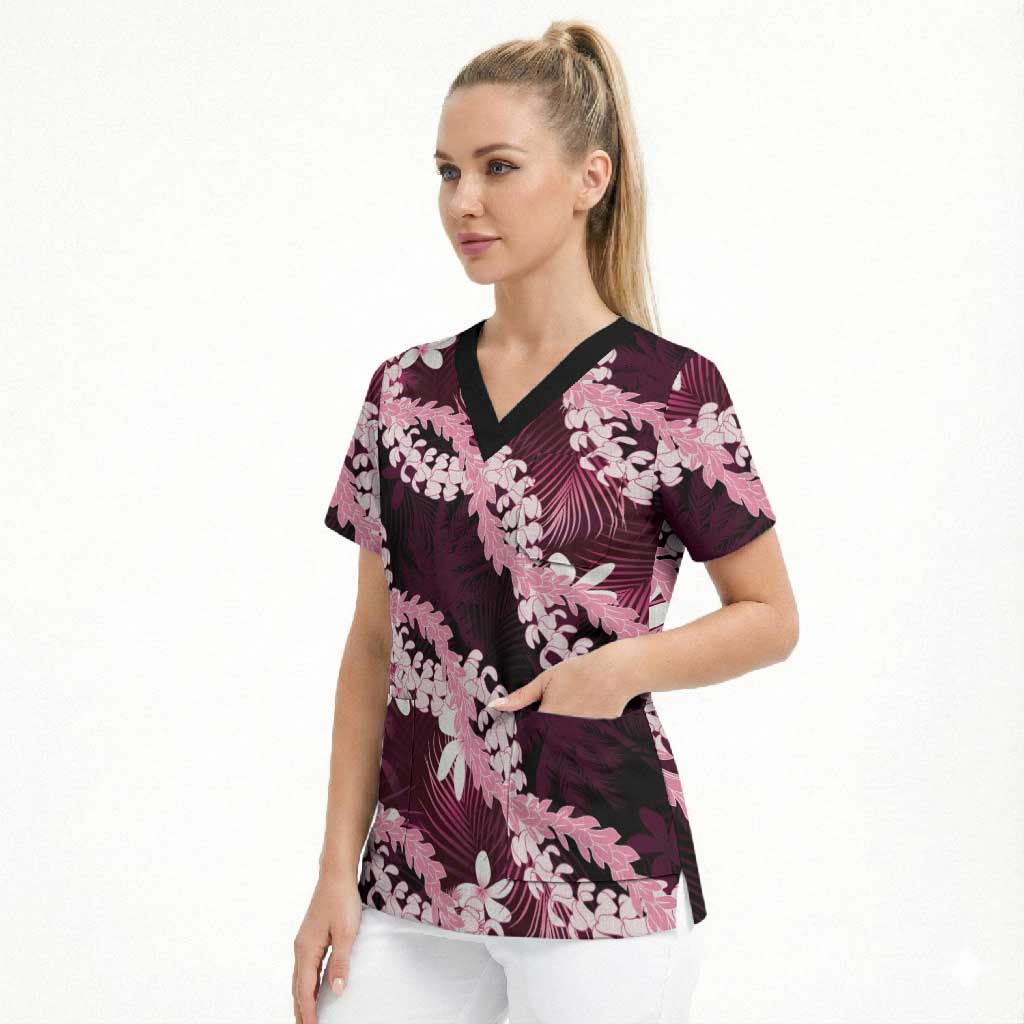 Puakenikeni Maile Lei Scrub Top Frangipani Pink Tropical Leaves