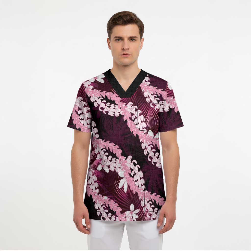 Puakenikeni Maile Lei Scrub Top Frangipani Pink Tropical Leaves