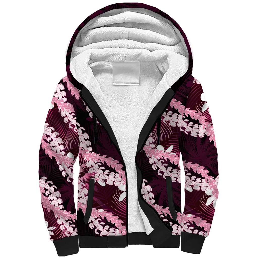 Puakenikeni Maile Lei Sherpa Hoodie Frangipani Pink Tropical Leaves LT01 Unisex Pink - Polynesian Pride