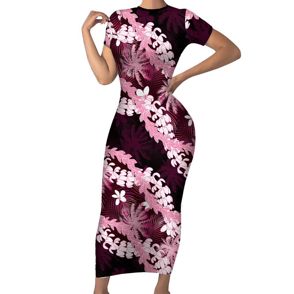 Puakenikeni Maile Lei Short Sleeve Bodycon Dress Frangipani Pink Tropical Leaves