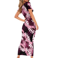 Puakenikeni Maile Lei Short Sleeve Bodycon Dress Frangipani Pink Tropical Leaves