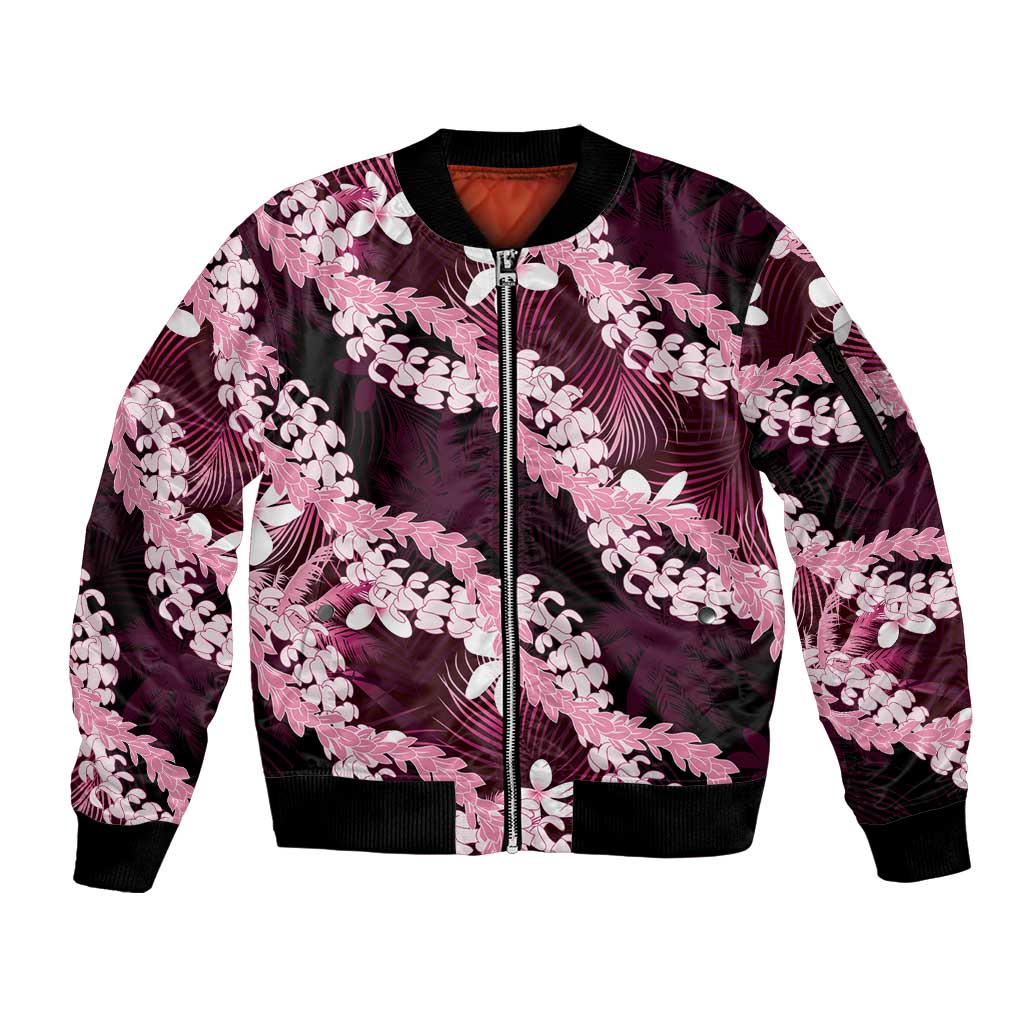 Puakenikeni Maile Lei Sleeve Zip Bomber Jacket Frangipani Pink Tropical Leaves LT01 Unisex Pink - Polynesian Pride