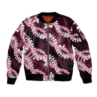 Puakenikeni Maile Lei Sleeve Zip Bomber Jacket Frangipani Pink Tropical Leaves LT01 Unisex Pink - Polynesian Pride