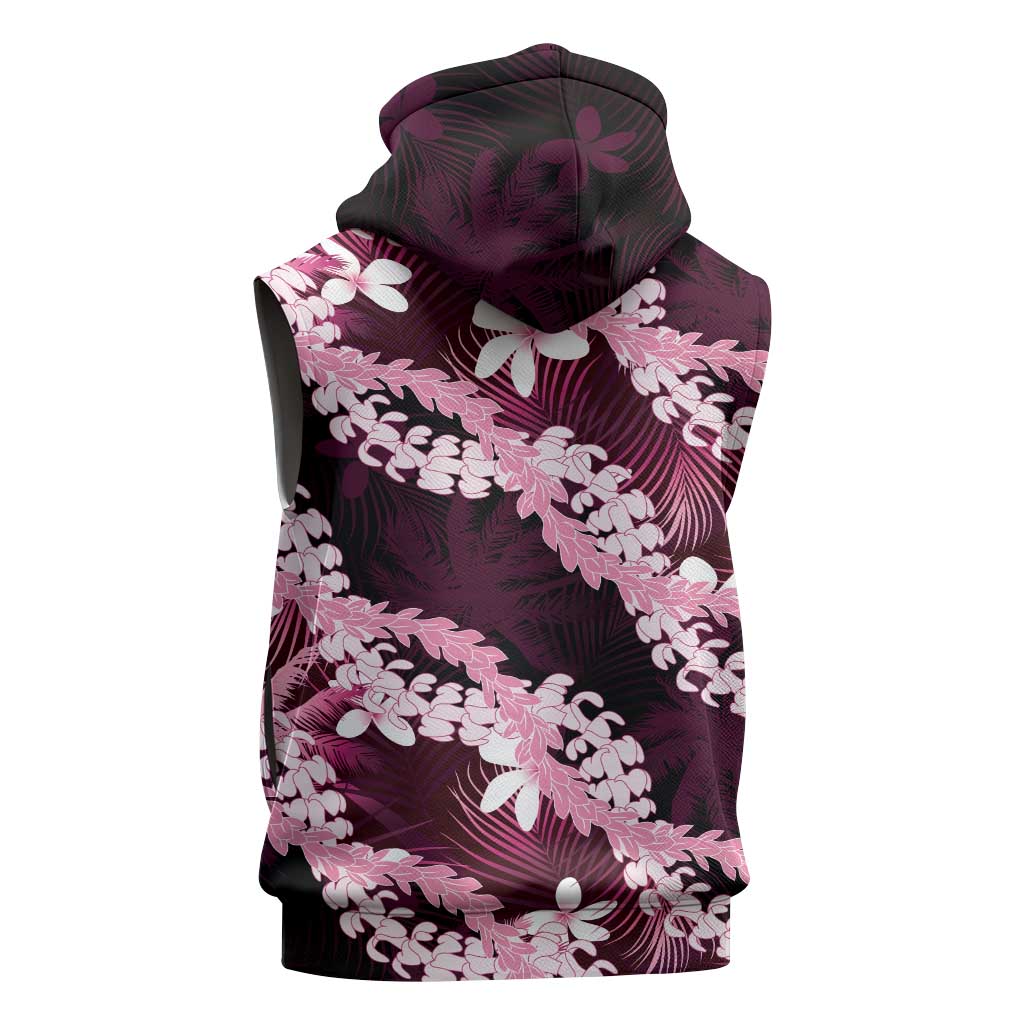 Puakenikeni Maile Lei Sleeveless Hoodie Frangipani Pink Tropical Leaves