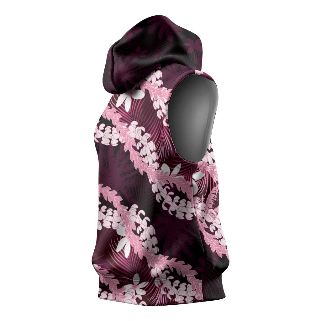 Puakenikeni Maile Lei Sleeveless Hoodie Frangipani Pink Tropical Leaves