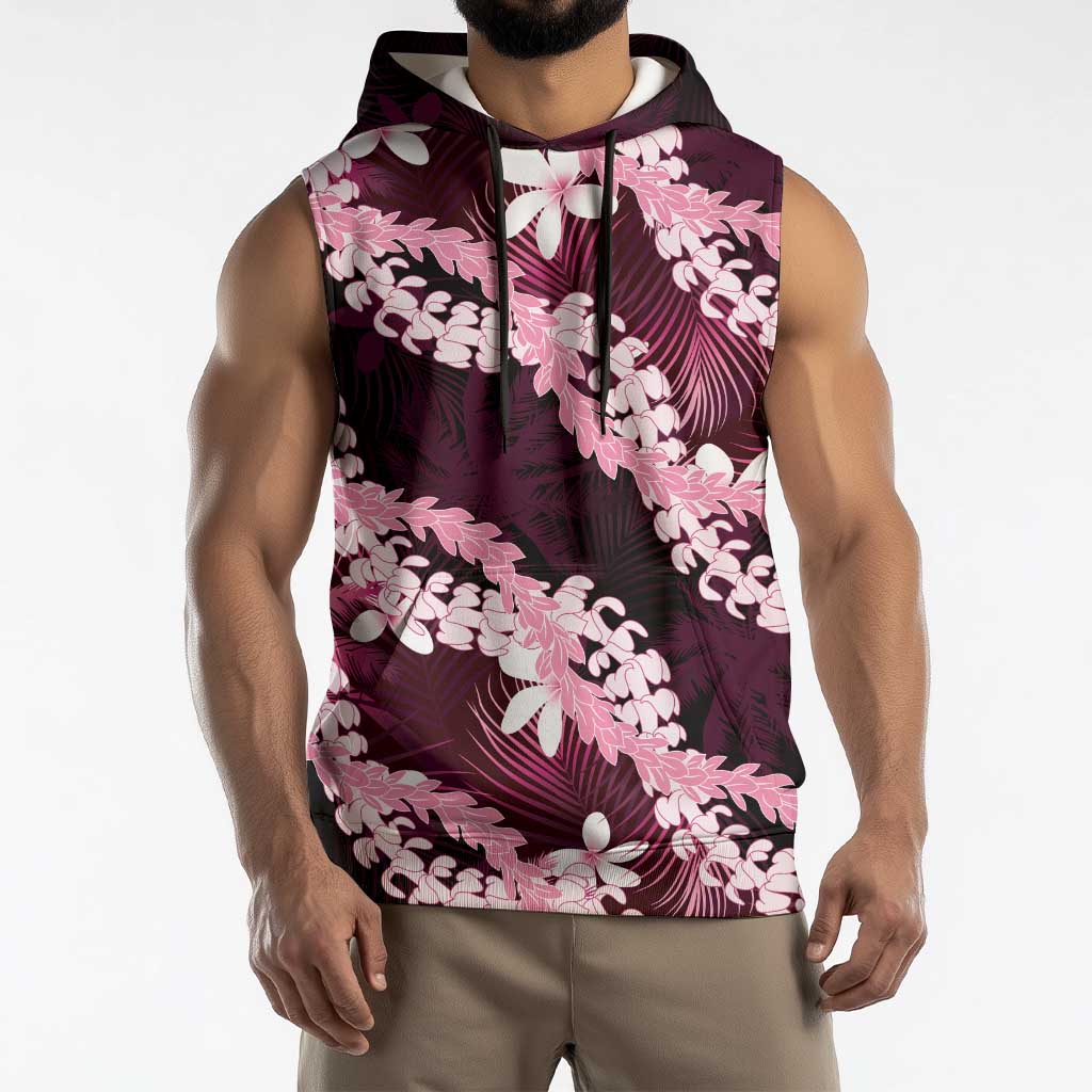 Puakenikeni Maile Lei Sleeveless Hoodie Frangipani Pink Tropical Leaves
