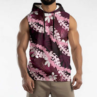 Puakenikeni Maile Lei Sleeveless Hoodie Frangipani Pink Tropical Leaves