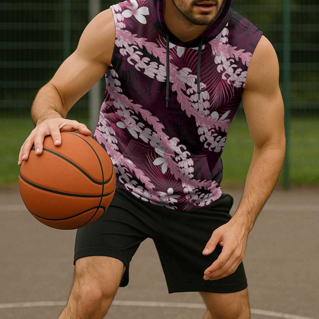 Puakenikeni Maile Lei Sleeveless Hoodie Frangipani Pink Tropical Leaves