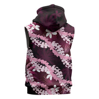 Puakenikeni Maile Lei Sleeveless Zip Hoodie Frangipani Pink Tropical Leaves